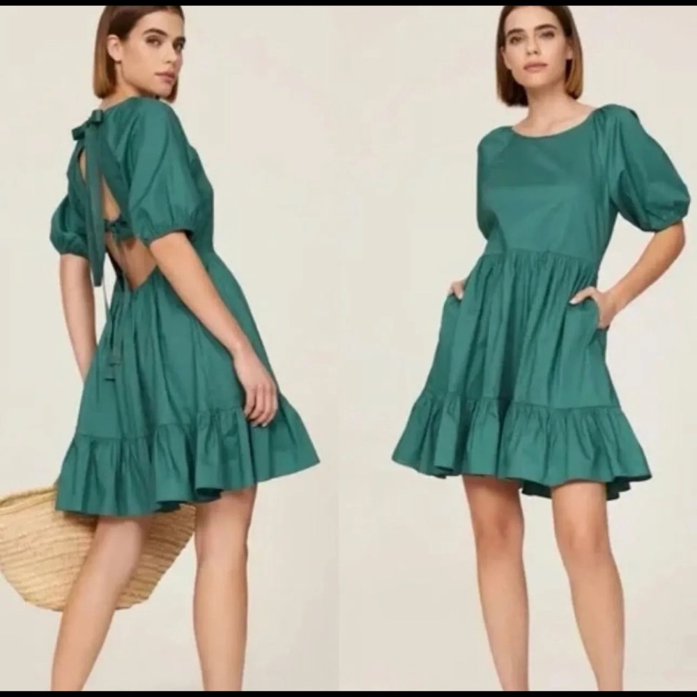 Peter Som Green Cotton Puff Sleeve Pockets Ribbon Mini Dress women size 4, 6